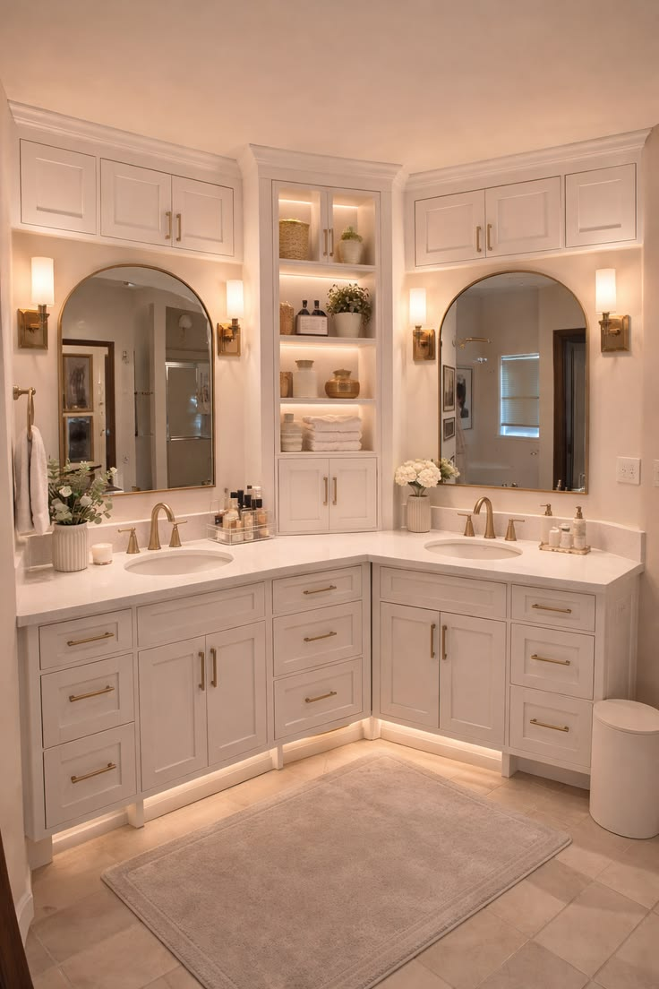 Corner L-shape double vanity with arched mirrors and gold fixtures