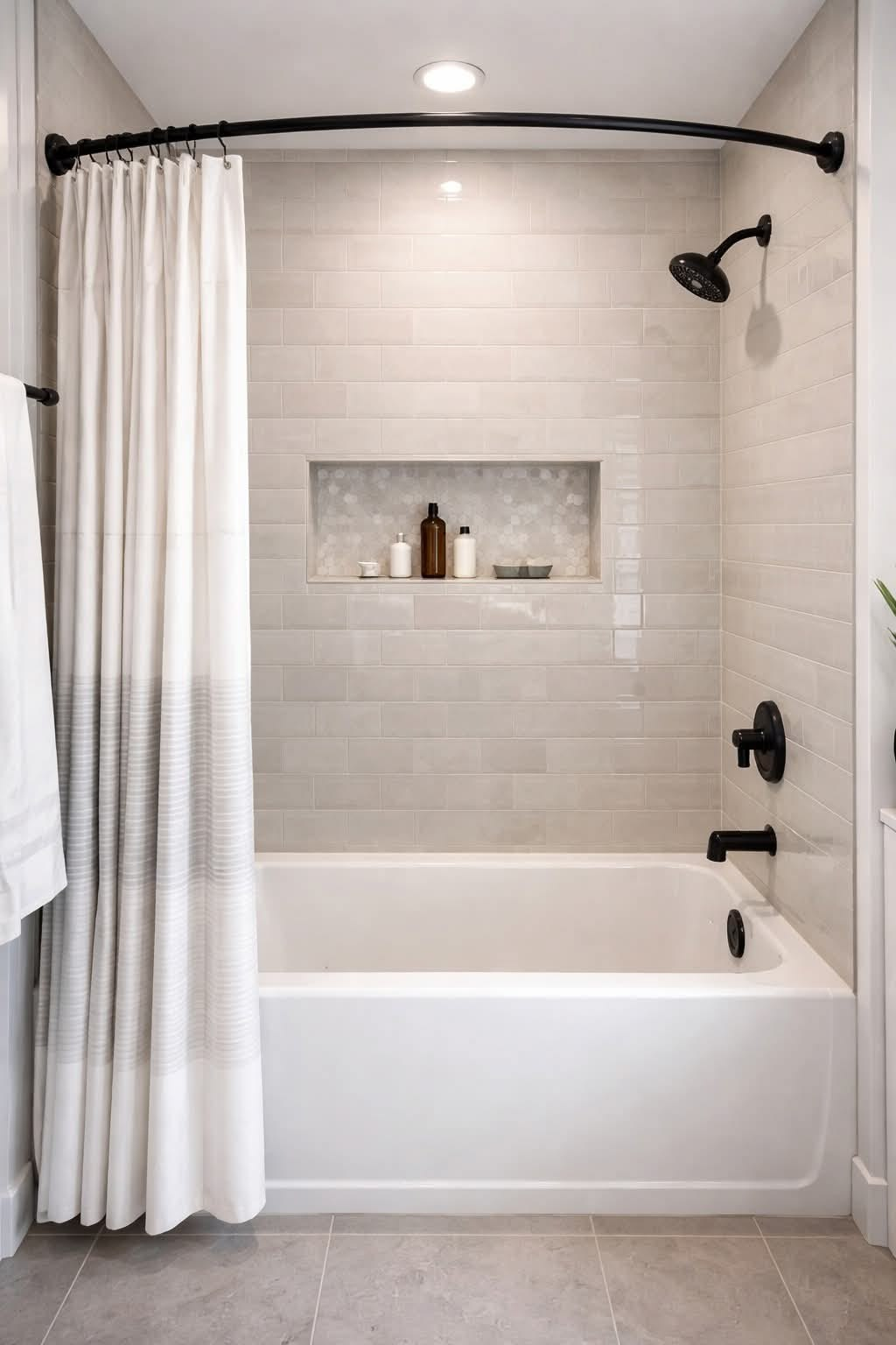 Tub and shower combo with neutral subway tile and niche
